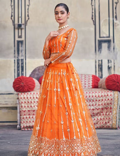 Orange Net Semi-Stitched Lehenga and Unstitched Blouse with Dupatta