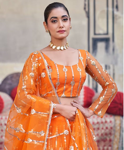 Orange Net Semi-Stitched Lehenga and Unstitched Blouse with Dupatta