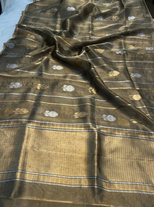 GREYISH BLACK BANARASI HANDLOOM ORGANZA TISSUE SILK SAREE