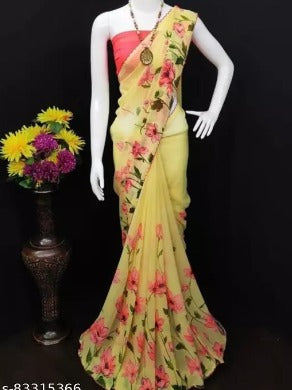 Sitanjali - Yellow Georgette Saree With Blouse Piece