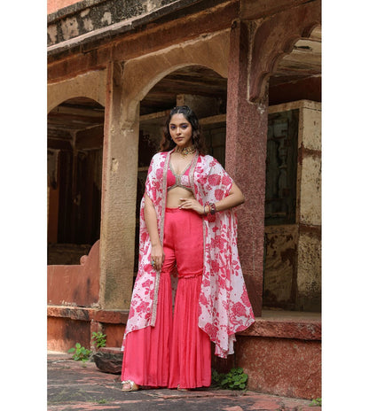 SCAKHI Coral Chinon Silk Floral Print Choli with Sharara and Cape