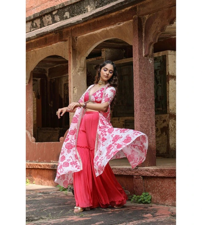 SCAKHI Coral Chinon Silk Floral Print Choli with Sharara and Cape