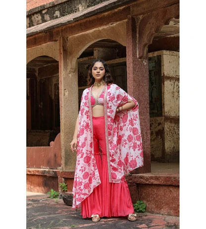 SCAKHI Coral Chinon Silk Floral Print Choli with Sharara and Cape