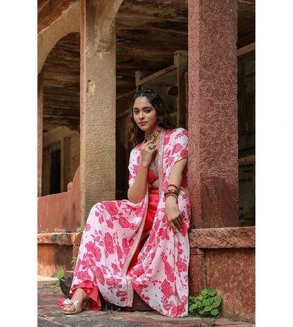 SCAKHI Coral Chinon Silk Floral Print Choli with Sharara and Cape