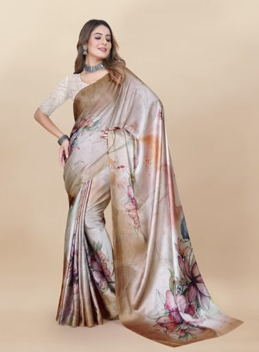 Anouk Peach Coloured Floral Printed Satin Saree