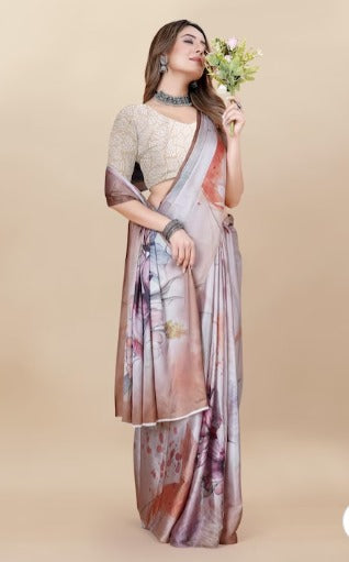 Anouk Peach Coloured Floral Printed Satin Saree