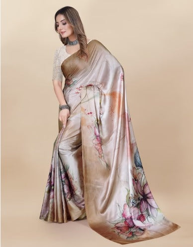 Anouk Peach Coloured Floral Printed Satin Saree