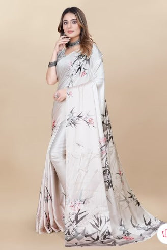 Floral Printed Satin Saree