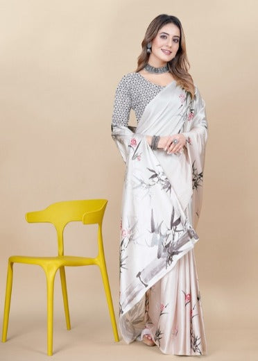 Floral Printed Satin Saree