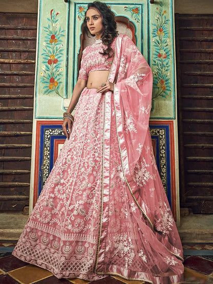 Women Pink Net A Line Lehenga Wedding Wear