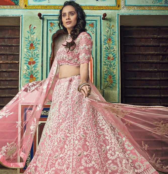 Women Pink Net A Line Lehenga Wedding Wear