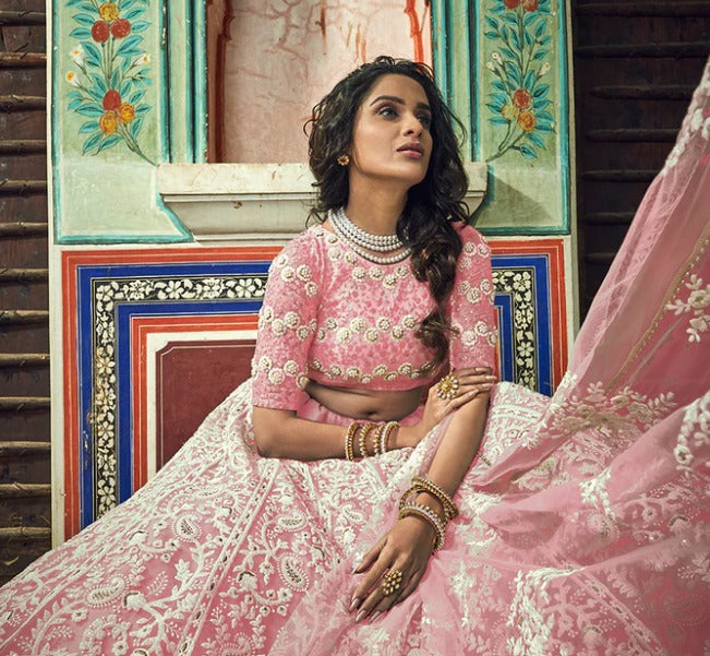 Women Pink Net A Line Lehenga Wedding Wear