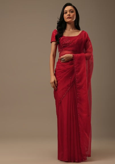 Cherry Red Organza Saree With Cut Dana And Sequins Work