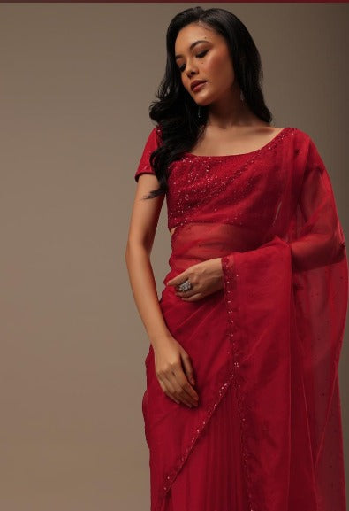 Cherry Red Organza Saree With Cut Dana And Sequins Work