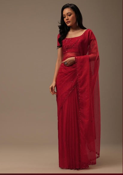 Cherry Red Organza Saree With Cut Dana And Sequins Work