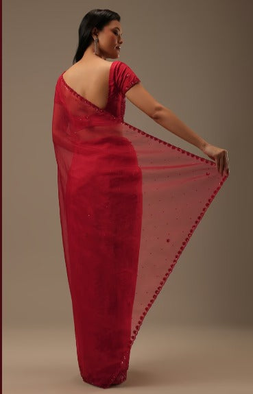 Cherry Red Organza Saree With Cut Dana And Sequins Work