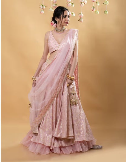 MONK & MEI Chandini Brocade Lehenga Blush Pink