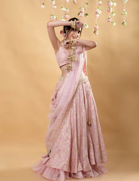 MONK & MEI Chandini Brocade Lehenga Blush Pink