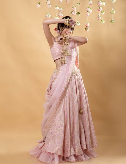 MONK & MEI Chandini Brocade Lehenga Blush Pink