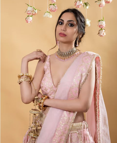 MONK & MEI Chandini Brocade Lehenga Blush Pink