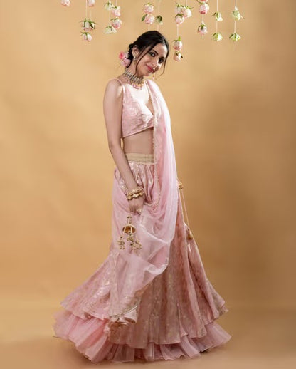 MONK & MEI Chandini Brocade Lehenga Blush Pink