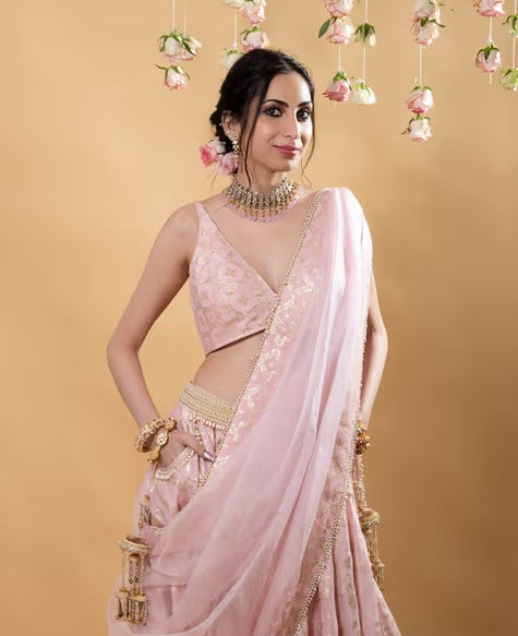 MONK & MEI Chandini Brocade Lehenga Blush Pink