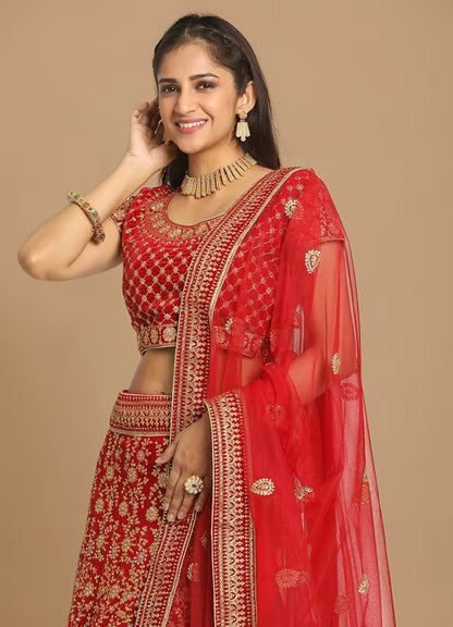 Red Zari Embroidered Lehenga