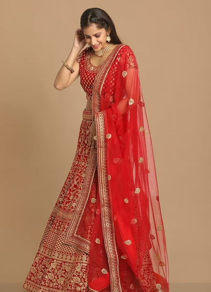 Red Zari Embroidered Lehenga