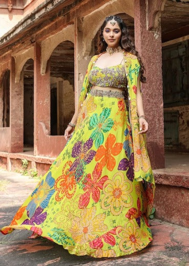 SCAKHI Floral Printed Beads & Stones Ready to Wear Lehenga & Choli WIth Shrug