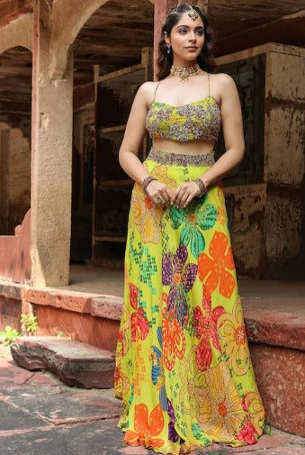 SCAKHI Floral Printed Beads & Stones Ready to Wear Lehenga & Choli WIth Shrug