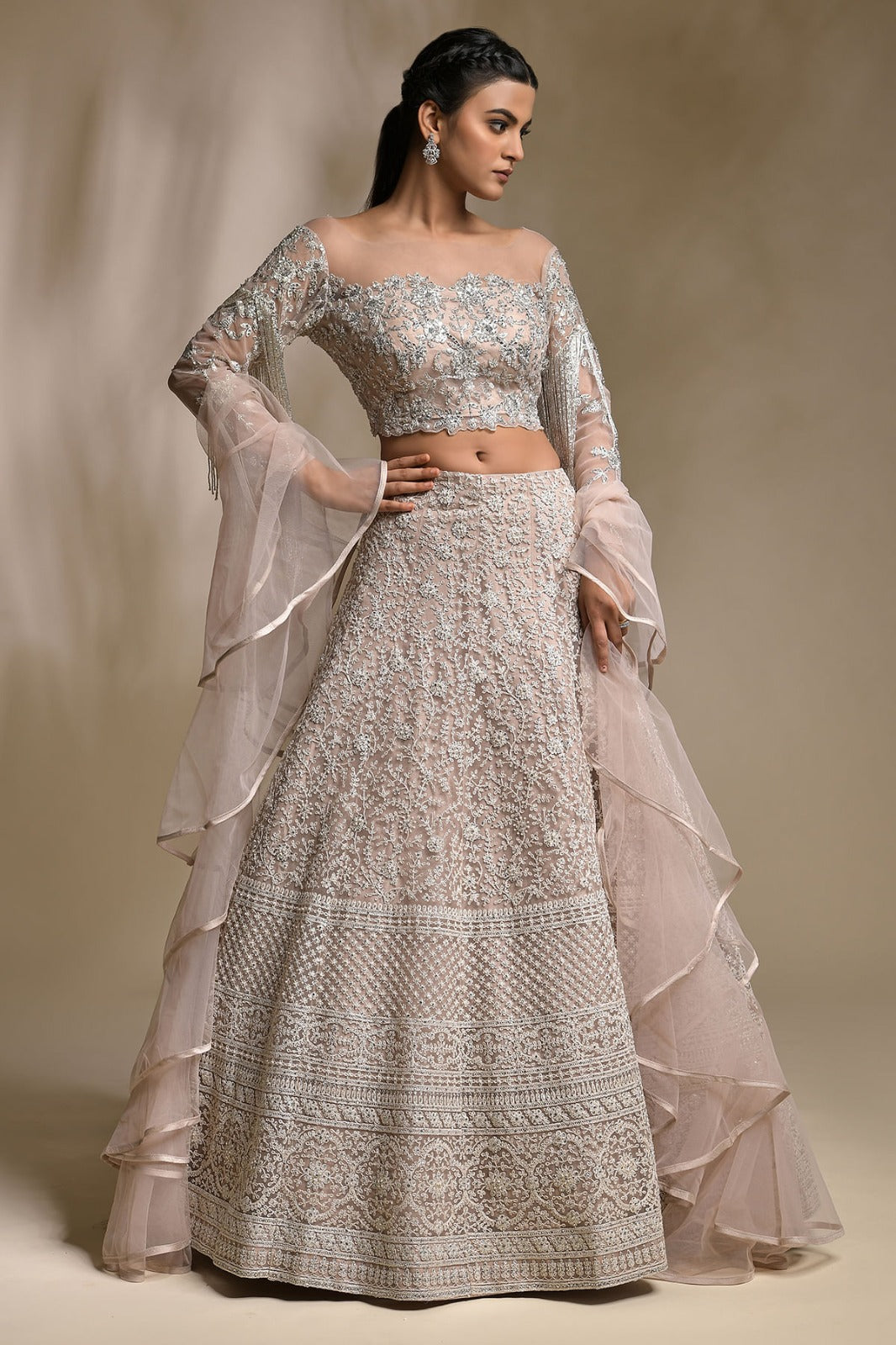 Nude Pink Sequins Embroidered Net Party Wear Lehenga-SL2729