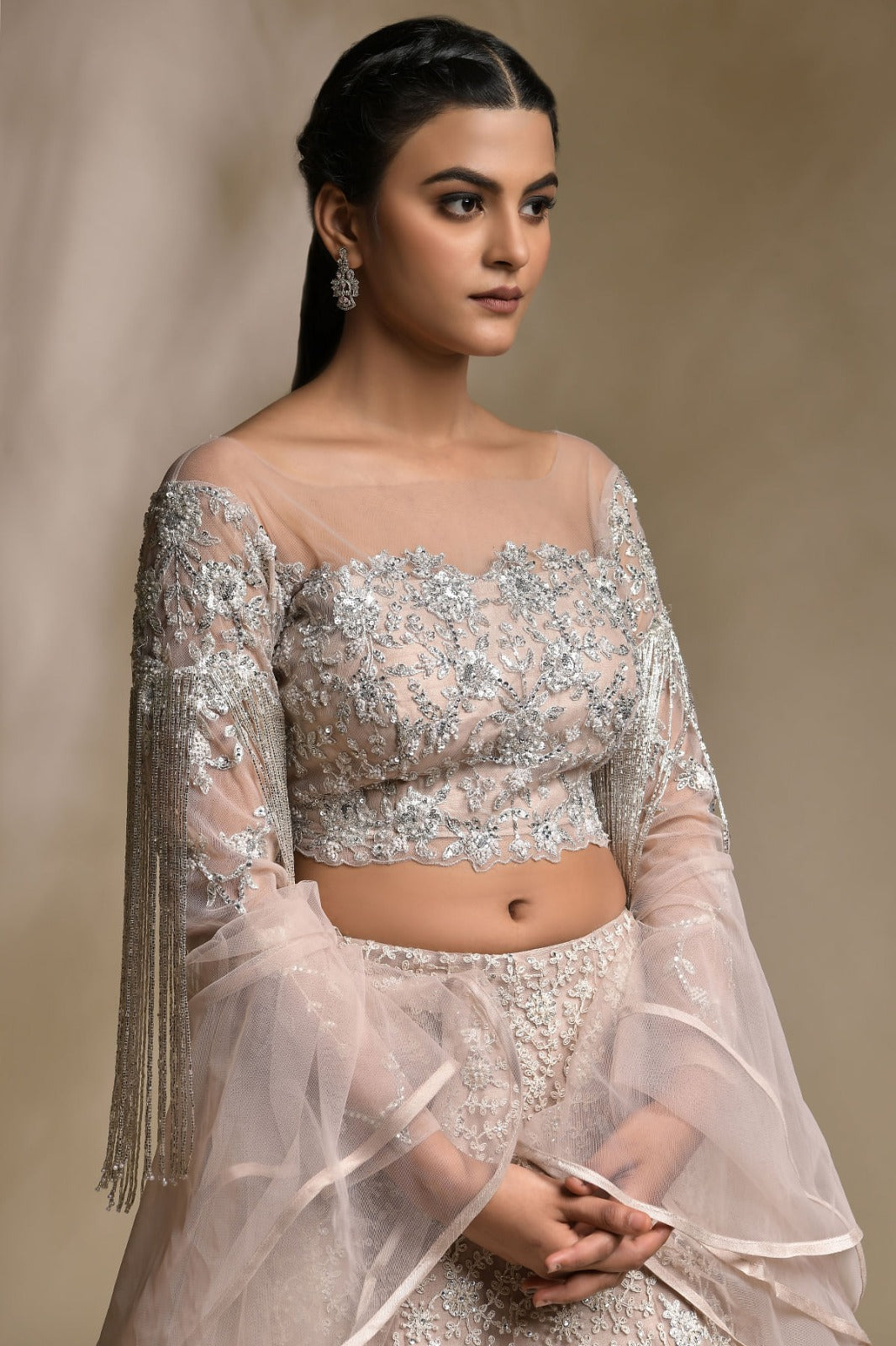 Nude Pink Sequins Embroidered Net Party Wear Lehenga-SL2729