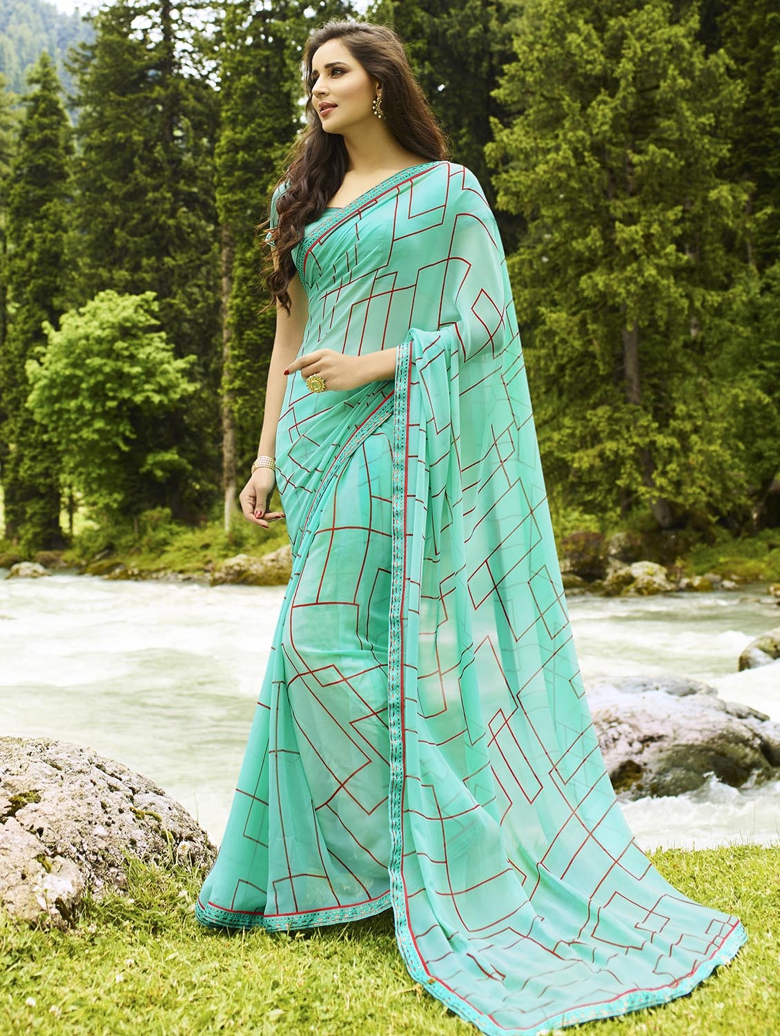 Women's Geometric Sea Green Colored Saree With Blouse