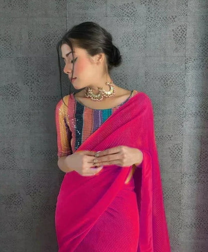 Assam Silk Georgette Pink Sequinned Saree With Blouse Assam Silk Georgette Pink Sequinned Saree With Blouse