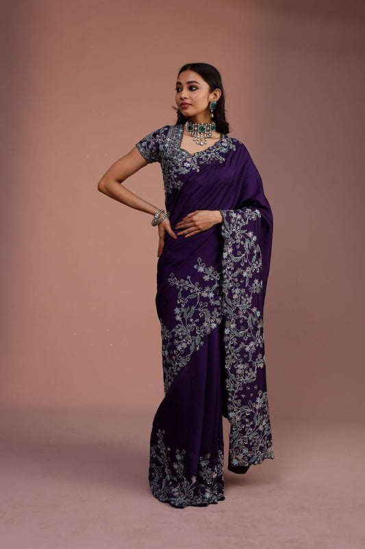 Purple Embroidered Saree With Cutwork Blouse.