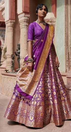 Weaver Story Women Purple Pure Silk Printed Floral V Neck Bageecha Banarasi Lehenga Set For Women