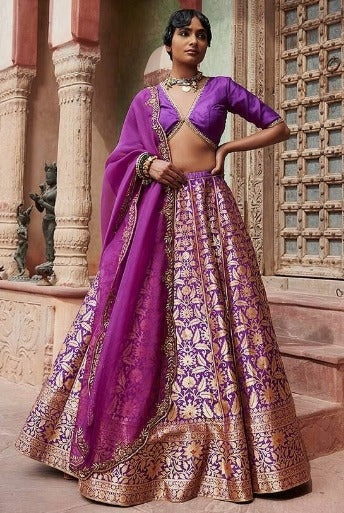 Weaver Story Women Purple Pure Silk Printed Floral V Neck Bageecha Banarasi Lehenga Set For Women