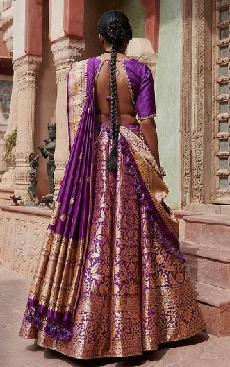 Weaver Story Women Purple Pure Silk Printed Floral V Neck Bageecha Banarasi Lehenga Set For Women