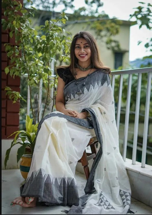 Imaginative White Color Printed Linen Cotton Saree With Blissful Blouse Piece by MJ