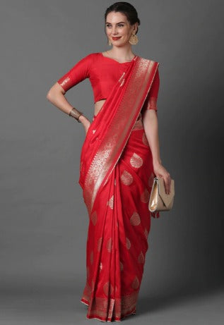 Mitera Red & Silver-Coloured Ethnic Motifs Zari Woven Design Silk Blend Banarasi Saree