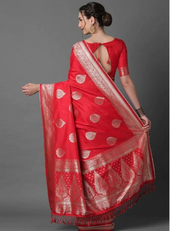 Mitera Red & Silver-Coloured Ethnic Motifs Zari Woven Design Silk Blend Banarasi Saree