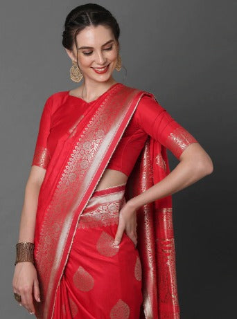 Mitera Red & Silver-Coloured Ethnic Motifs Zari Woven Design Silk Blend Banarasi Saree