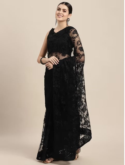 VAIRAGEE Black Floral Net With Embroidered Saree with Unstitched Blouse