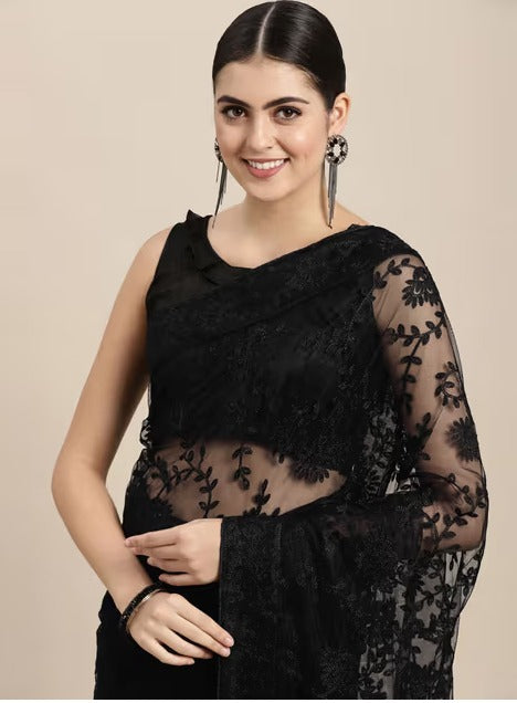 VAIRAGEE Black Floral Net With Embroidered Saree with Unstitched Blouse