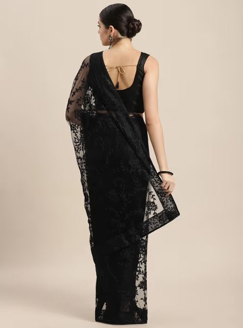 VAIRAGEE Black Floral Net With Embroidered Saree with Unstitched Blouse