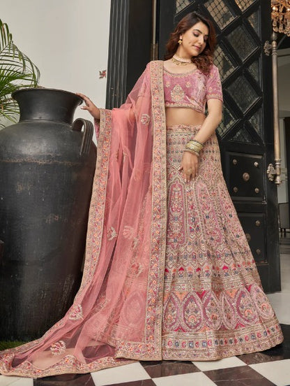 Women Lilac Velvet Semi Stitched Lehenga With Unstitched Blouse