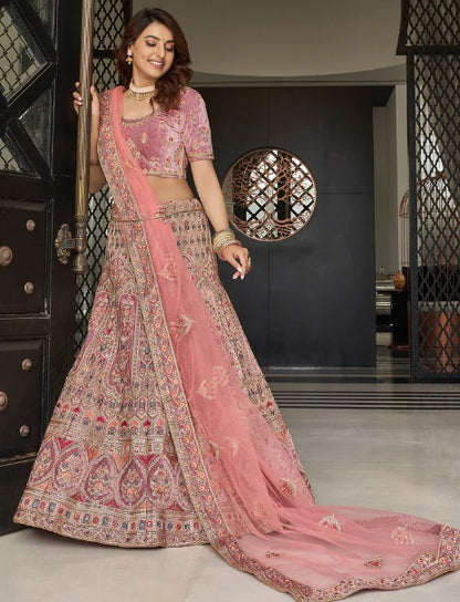 Women Lilac Velvet Semi Stitched Lehenga With Unstitched Blouse