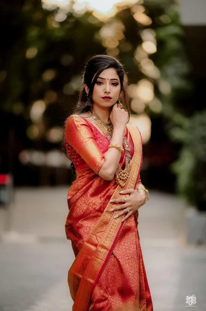 Flaunt Red Soft Banarasi Silk Saree Gleaming Blouse Piece