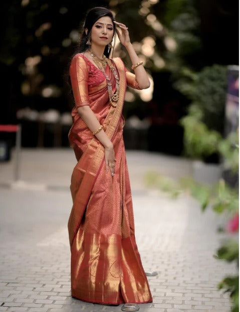 Flaunt Red Soft Banarasi Silk Saree Gleaming Blouse Piece