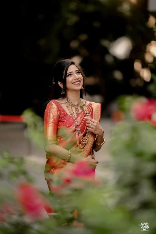 Flaunt Red Soft Banarasi Silk Saree Gleaming Blouse Piece